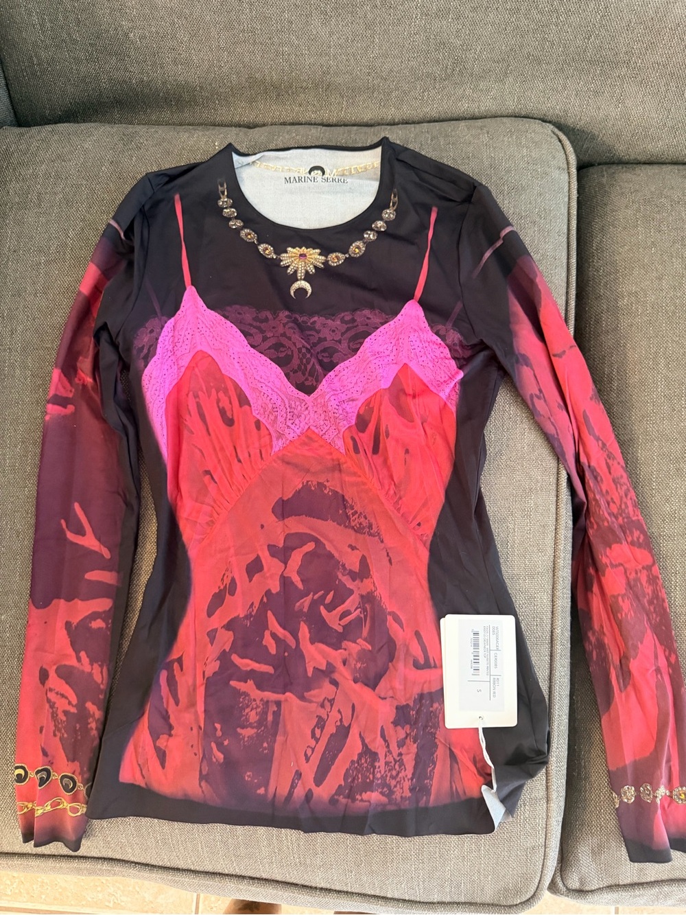 Marine Serre Black Long Sleeve Top with Red & Pink Print